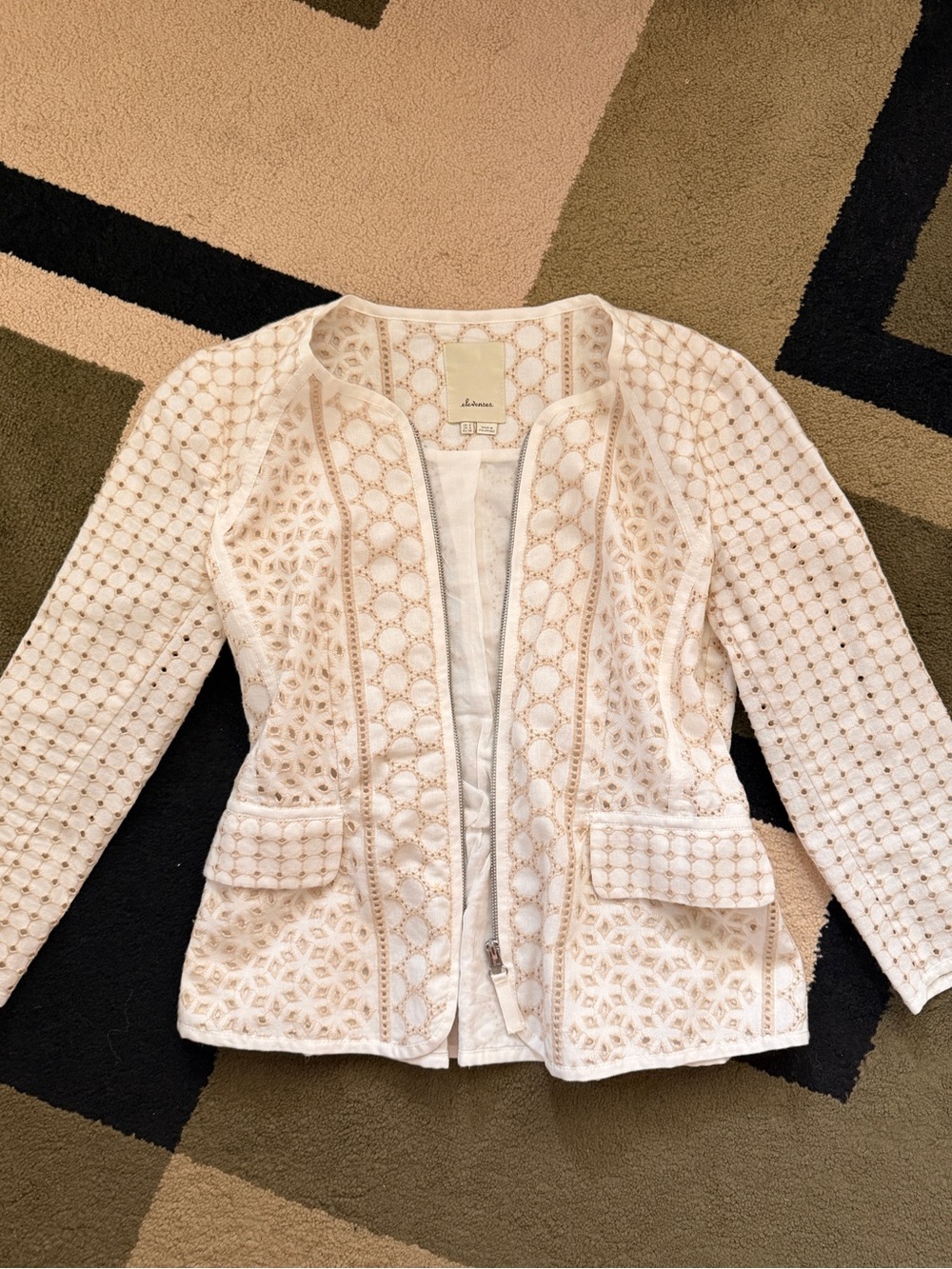 Anthropologie Cream Open-Front Embroidered Blazer Jacket